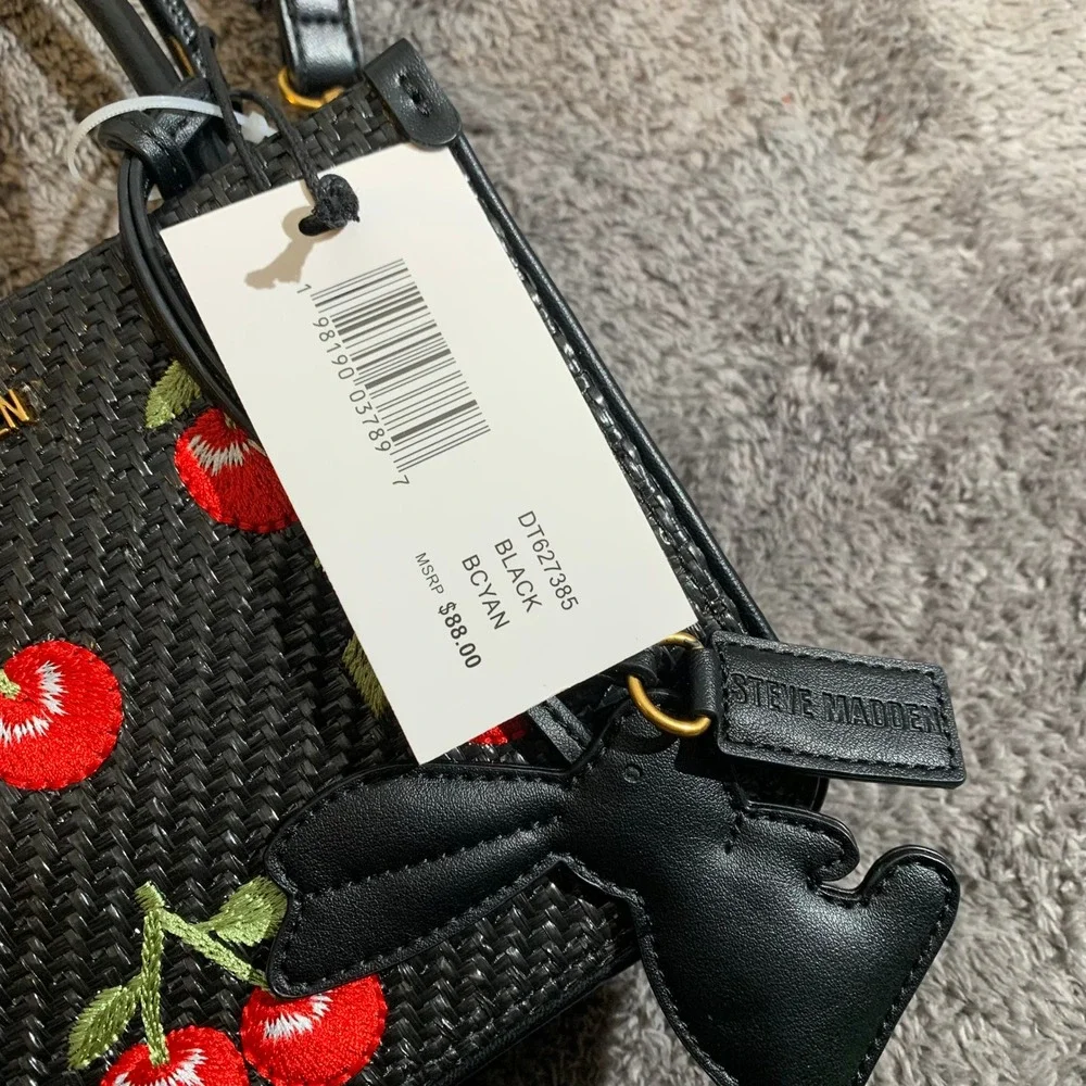 Steve Madden BCYAN Black Woven Cherry Embroidered Crossbody Bag New NWT DT627385